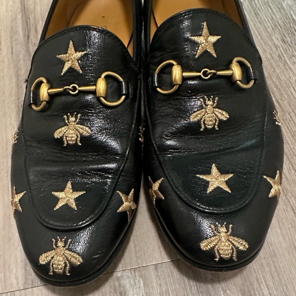 Gucci Black Leather Jordaan Embroidered Bee Horsebit Slip On Loafers Size 37 - Picture 5 of 14